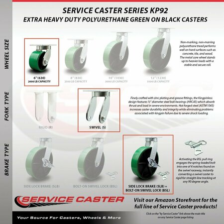 Service Caster 6'' Heavy Duty Green Poly on Cast Iron Caster with Brake and Swivel Lock CRAN-SCC-KP92S630-PUR-GB-SLB-BSL